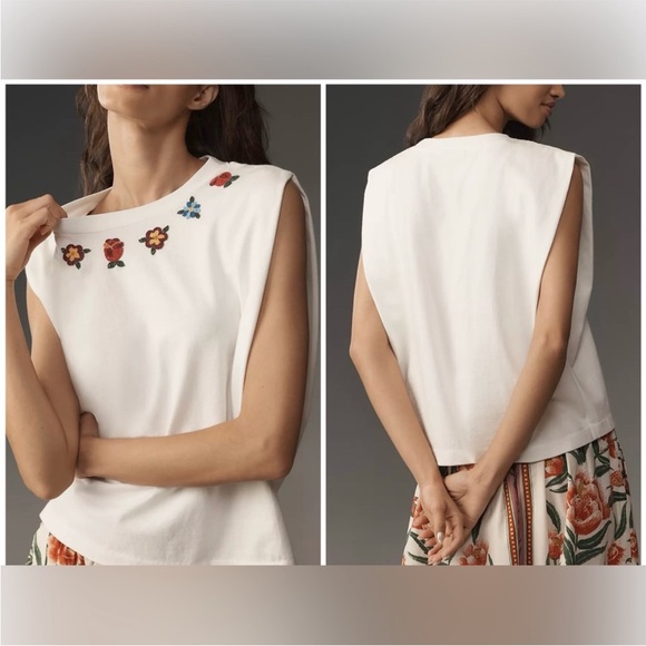 FARM Rio Tops - NW Anthropologie x Farm Rio Beaded Flowers Muscle Tee - white combo - medium